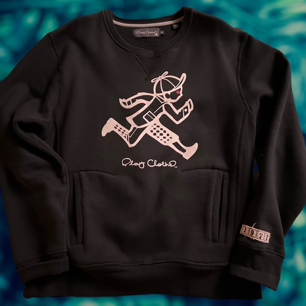 Play Cloths “Running Jack” Crewneck sweatshirt. Blk. front pockets. Mens size XL